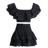 Black Eyelet Embroidered Layered Ruffle Smocked Off Shoulder Top & Mini Skirt Dress Set